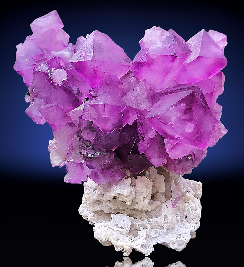 Serene Enormous Pocket of Terminated Green to Purple Glassy Fluorite Crystals and Snow-White Quartz Crystals on good Matrix from China